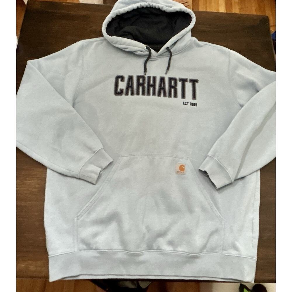 Carhartt XL Loose Fit Light Blue Fleece Pullover Hoodie Graphic Print